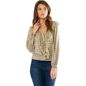 ANAMA Ruffle V-Neck Peasant Blouse Shirt Top Women's Medium Button Down EUC